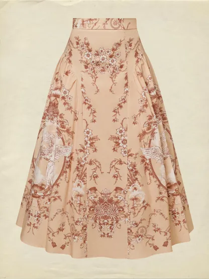 Midi Cotton Skirt, Angel, Pocket Design, Vintage, Caramel - Caramel