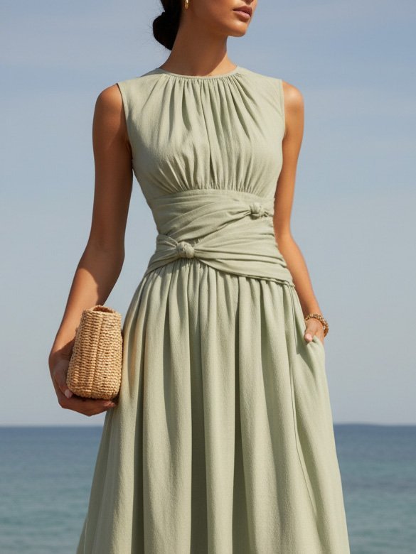 Maxi Linen Dress, Sleeveless, Round Neck, Plain, French Vintage, Green - Green