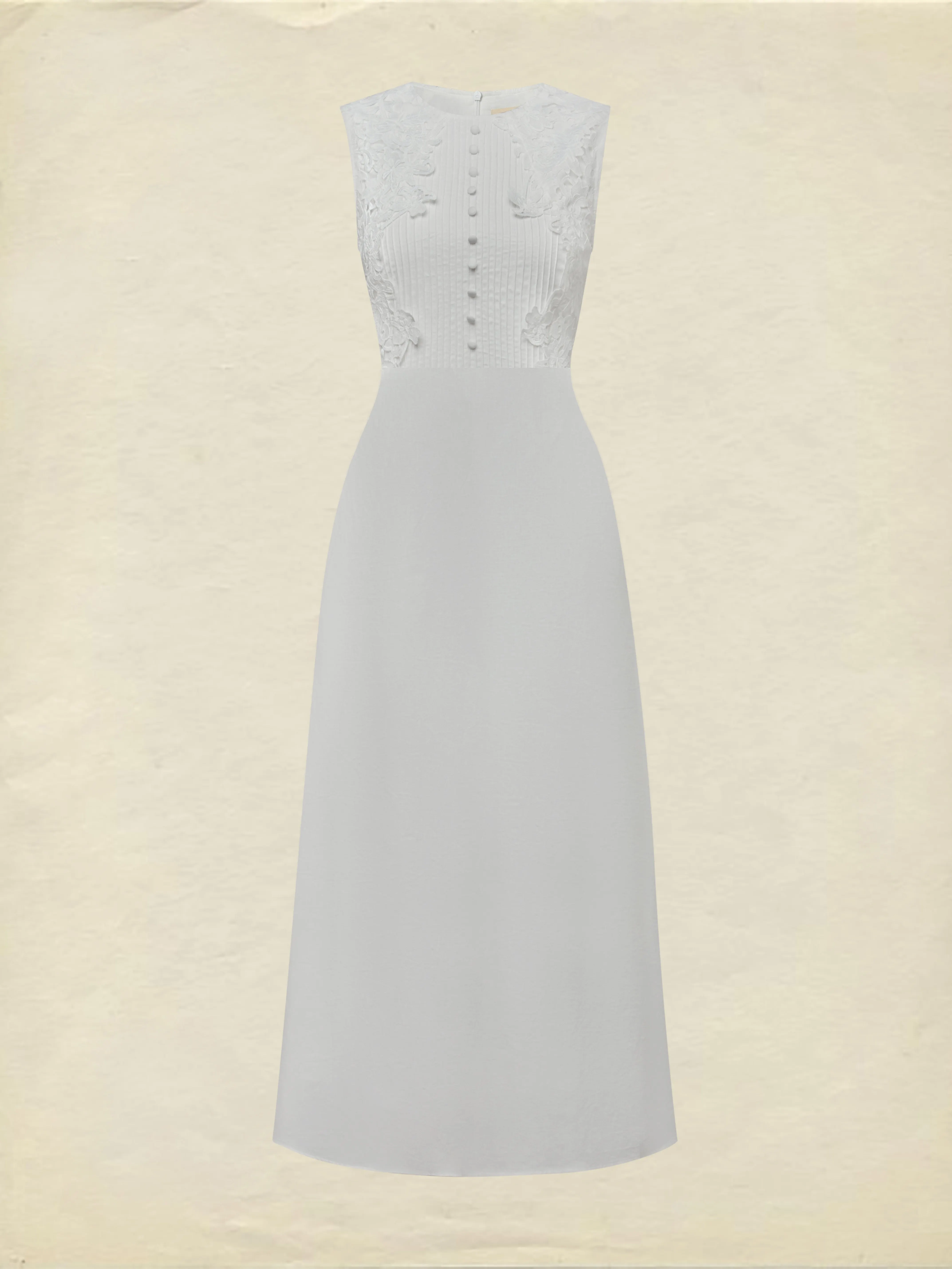 Midi Cotton Dress, Sleeveless, Round Neck, Plain, Lace, Vintage, White - White