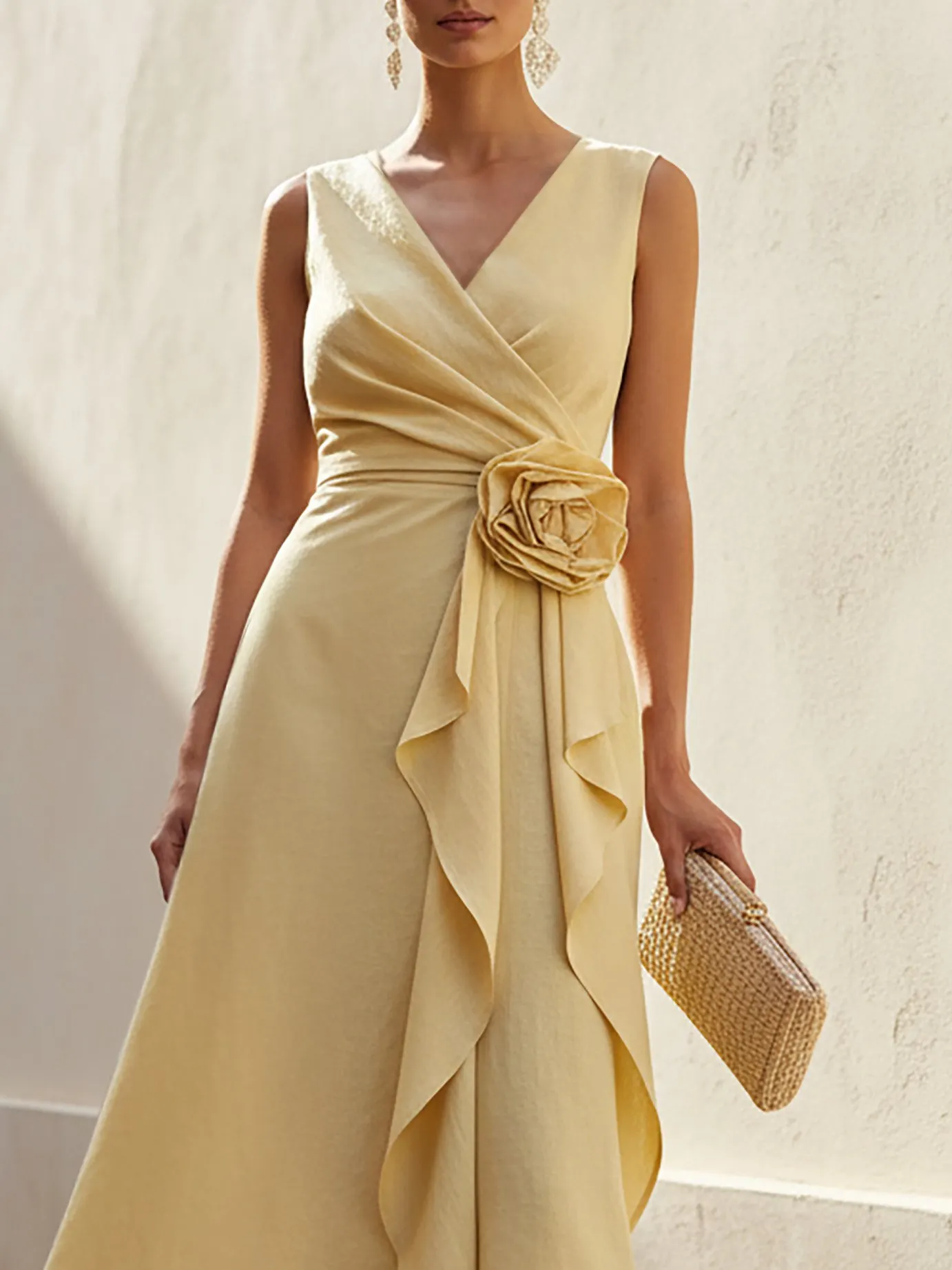 Maxi Linen Dress, Sleeveless, V Neck, Plain, 3D Floral, French Vintage, Yellow - Yellow