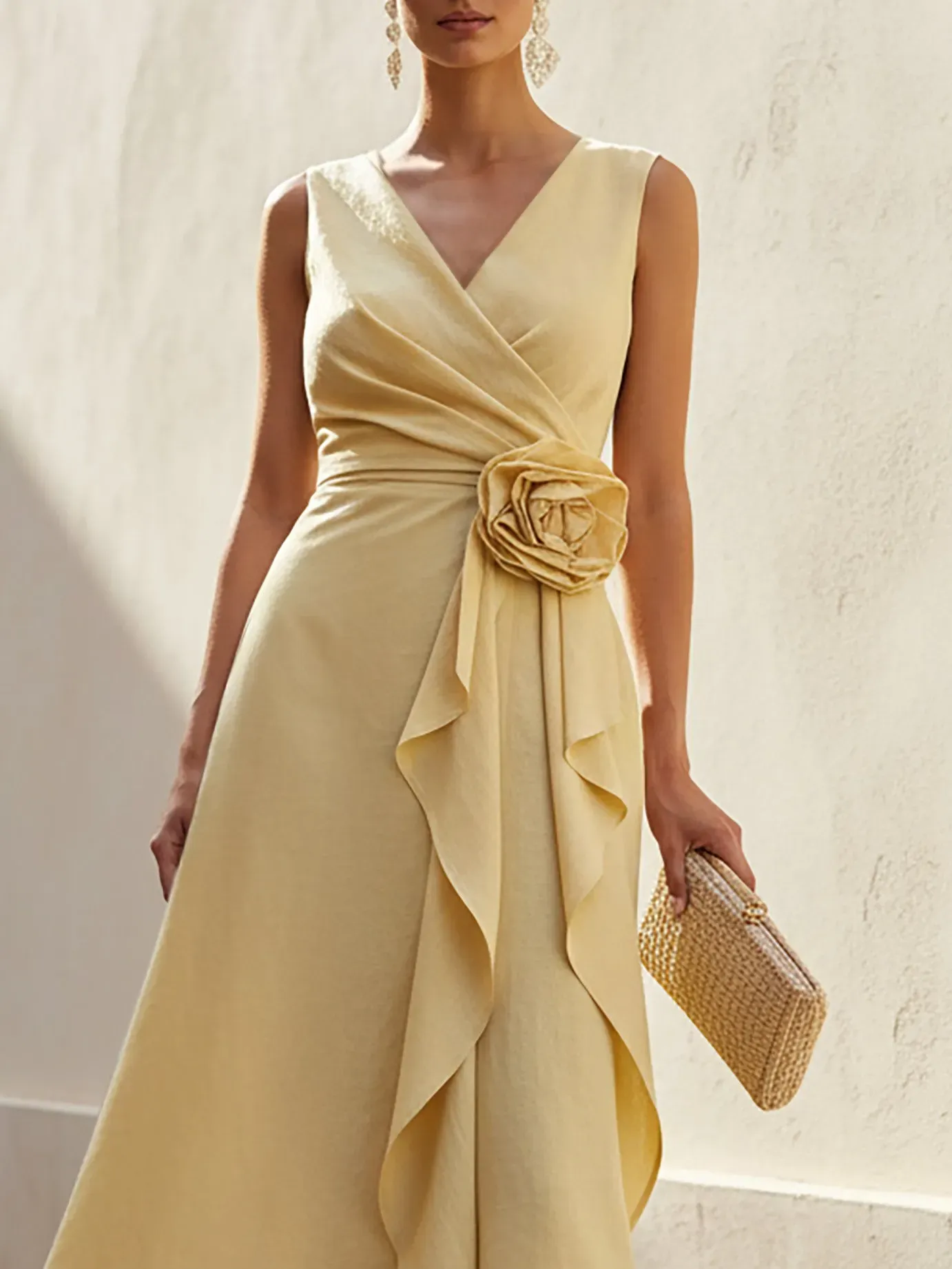 Maxi Linen Dress, Sleeveless, V Neck, Plain, 3D Floral, French Vintage, Yellow - Yellow