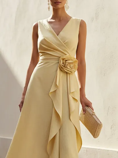 Maxi Linen Dress, Sleeveless, V Neck, Plain, 3D Floral, French Vintage, Yellow - Yellow
