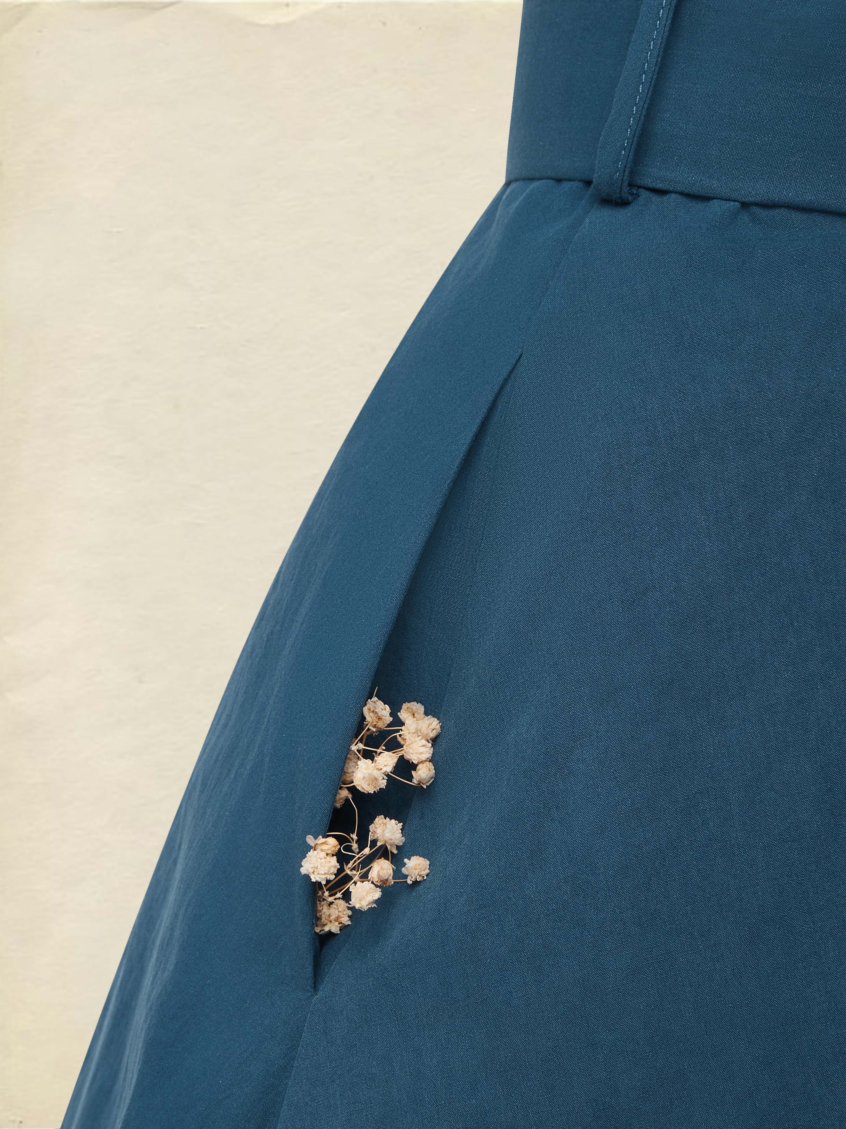 Midi Cotton Dress, Half Sleeve, V Neck, Plain, Button Design, French Vintage, Navyblue - Navyblue