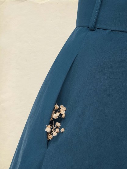 Midi Cotton Dress, Half Sleeve, V Neck, Plain, Button Design, French Vintage, Navyblue - Navyblue