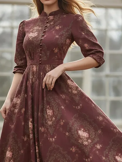 Maxi Linen Dress, Long Sleeves, Stand Collar, Floral, Button Design, Vintage, Red - Red