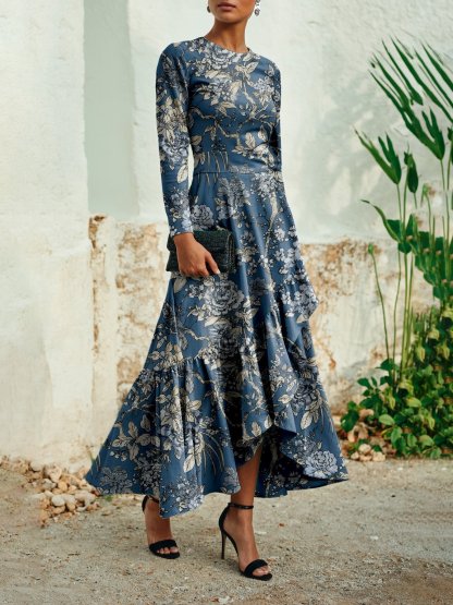 Maxi Linen Dress, Long Sleeves, Round Neck, Floral, Ruffles, Vintage, Deep Blue - Deep Blue