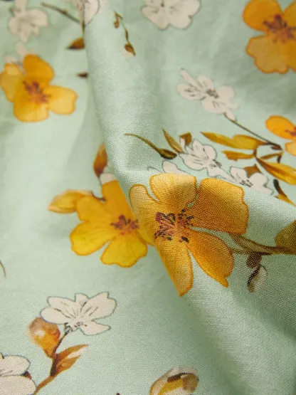 Midi Linen Dress , Sleeveless, Halter, Floral, Pocket Design, Vacation, Vintage, Green - Aqua