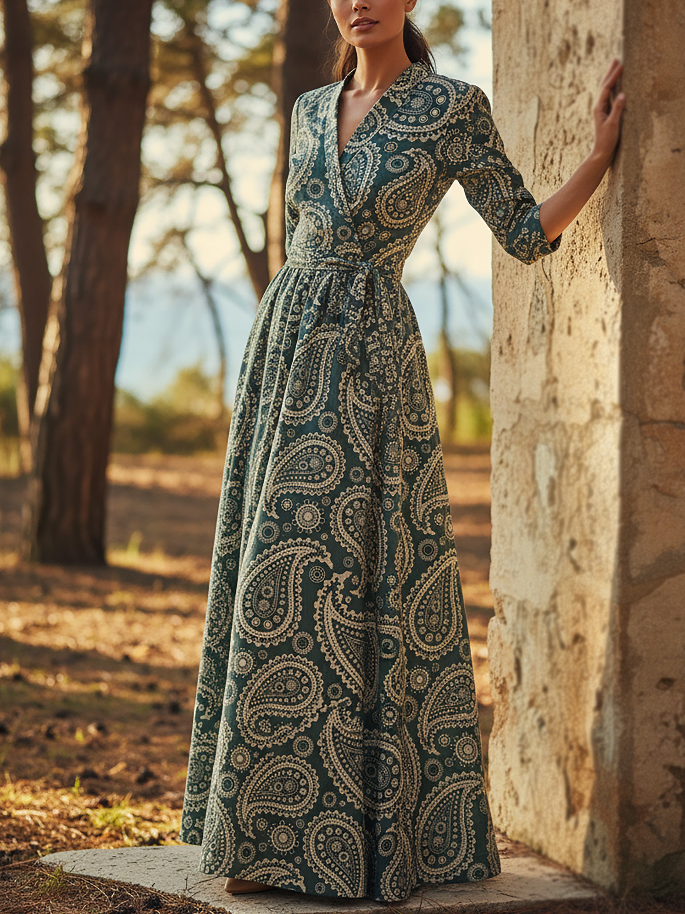 Maxi Linen Dress, Half Sleeve, V Neck, Paisley, Belt Design, Vintage, Cyan - Cyan