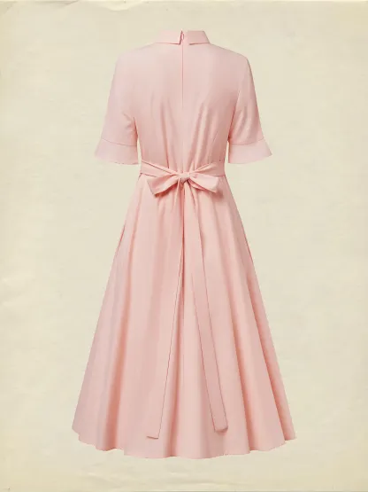 Midi Linen Dress , Half Sleeve, Round Neck, Plain, Bow, French Vintage, Light Pink - Light Pink