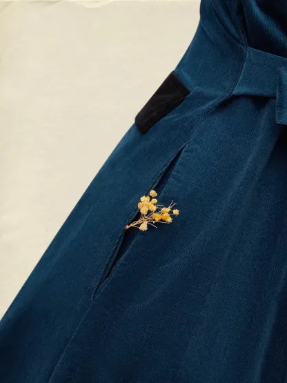 Midi Cotton Dress, Half Sleeve, Stand Collar, Plain, Button Design, Vintage, Deep Blue - Deep Blue