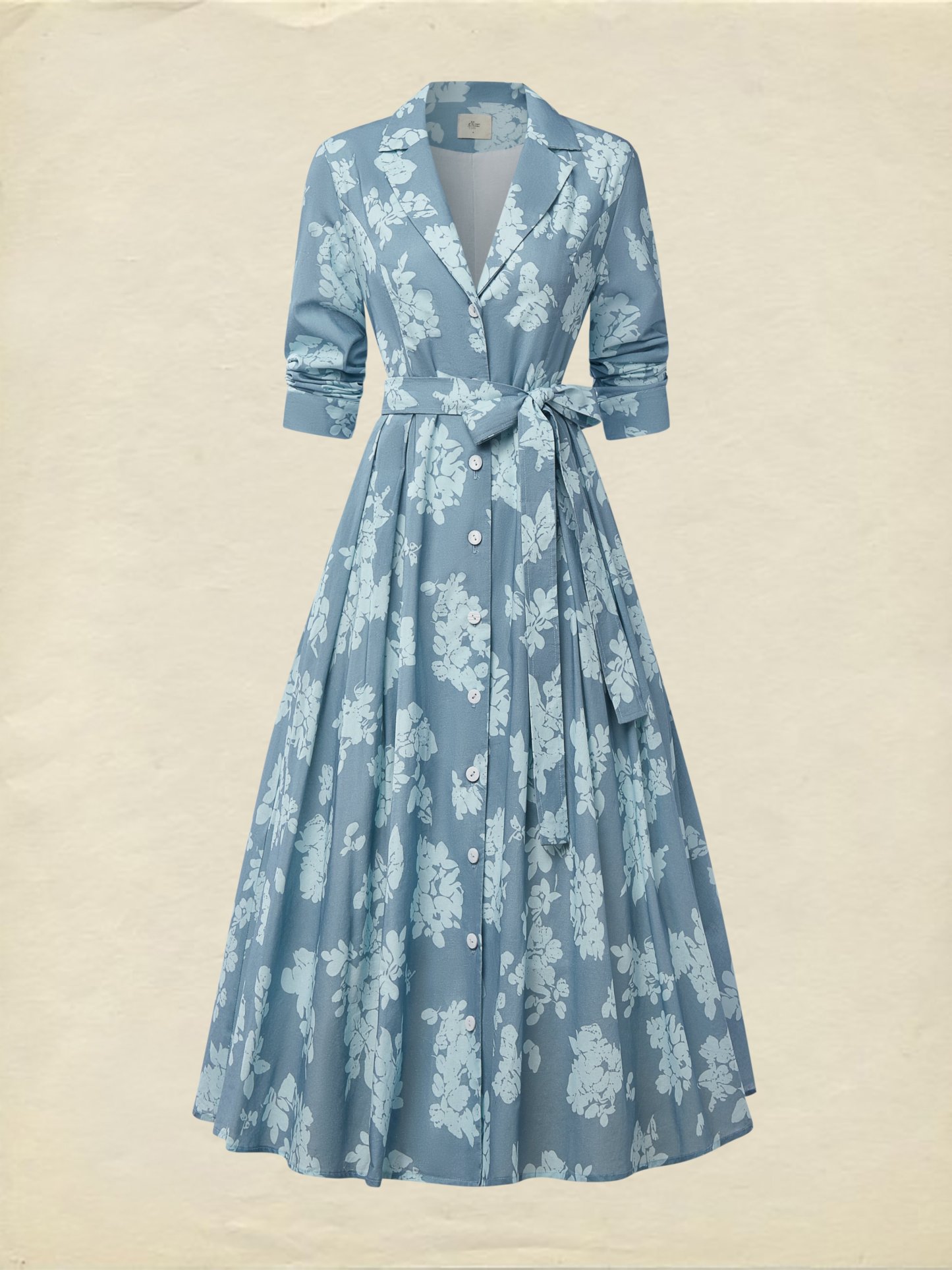 Midi Linen Dress , Half Sleeve, Shawl Collar, Floral, Button Design, Vintage, Blue - Blue