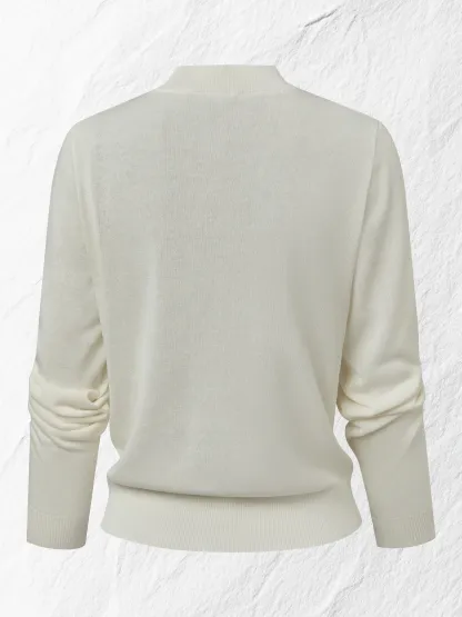 Wool Cardigan, Long Sleeves, Round Neck, Floral, Button Design, Vacation, Vintage, White - White