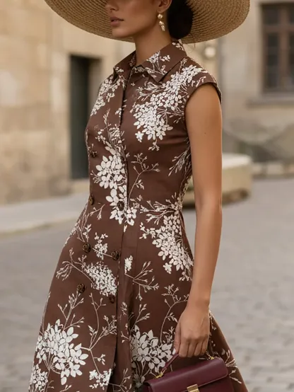 Midi Linen Dress, Sleeveless, Shawl Collar, Floral, Button Design, Vintage, Brown - Brown