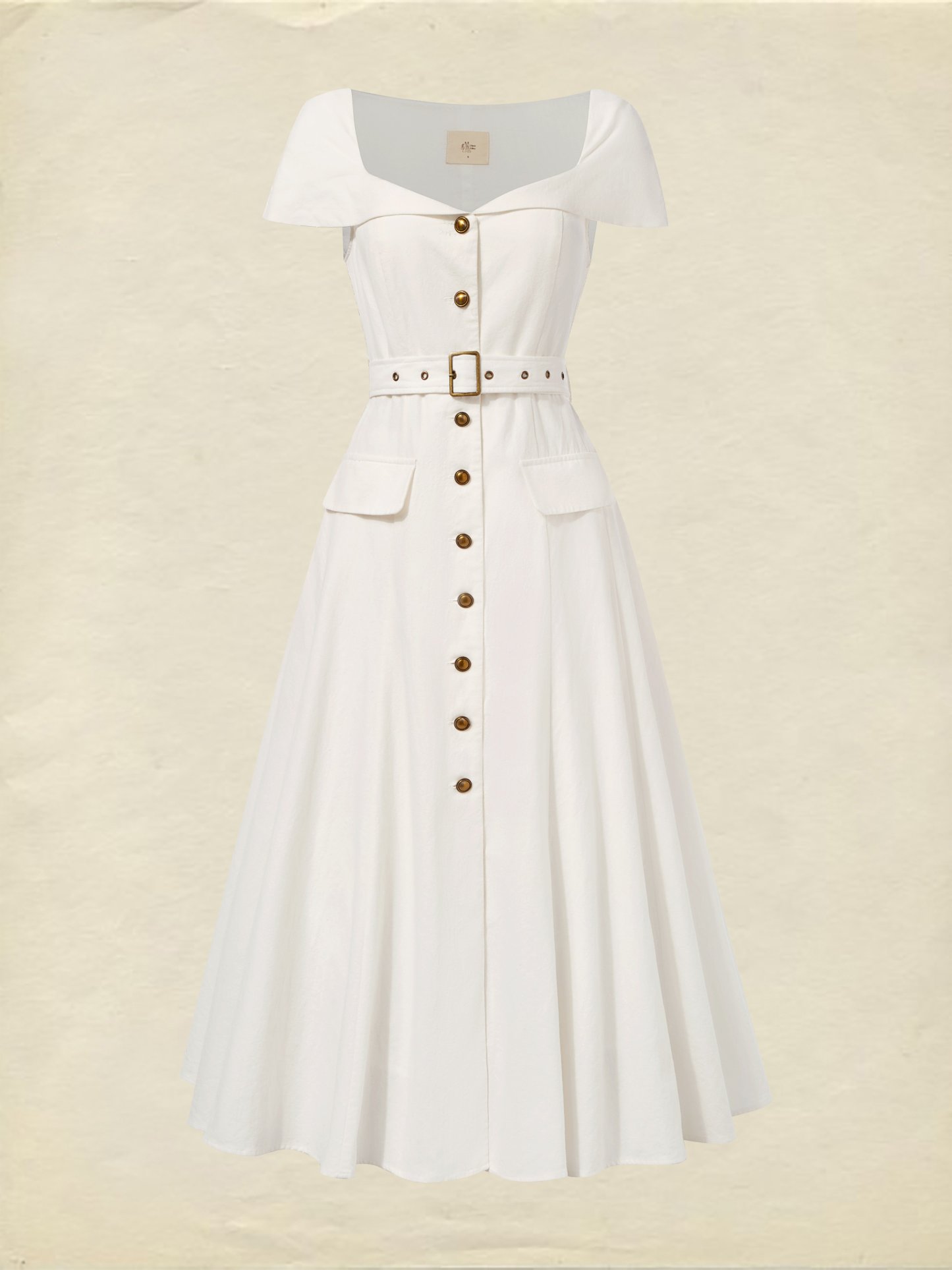 Midi Linen Dress, Short Sleeves, Shawl Collar, Plain, Button Design, French Vintage, White - White