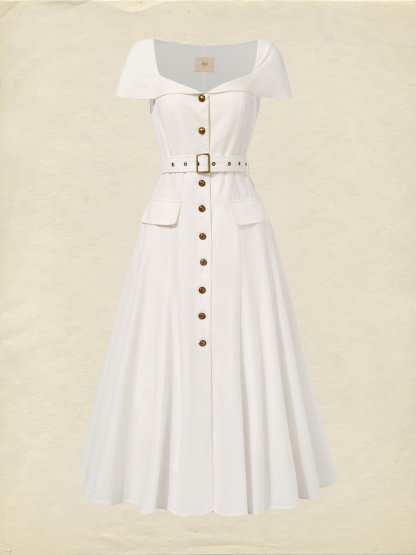 Midi Linen Dress, Short Sleeves, Shawl Collar, Plain, Button Design, French Vintage, White - White