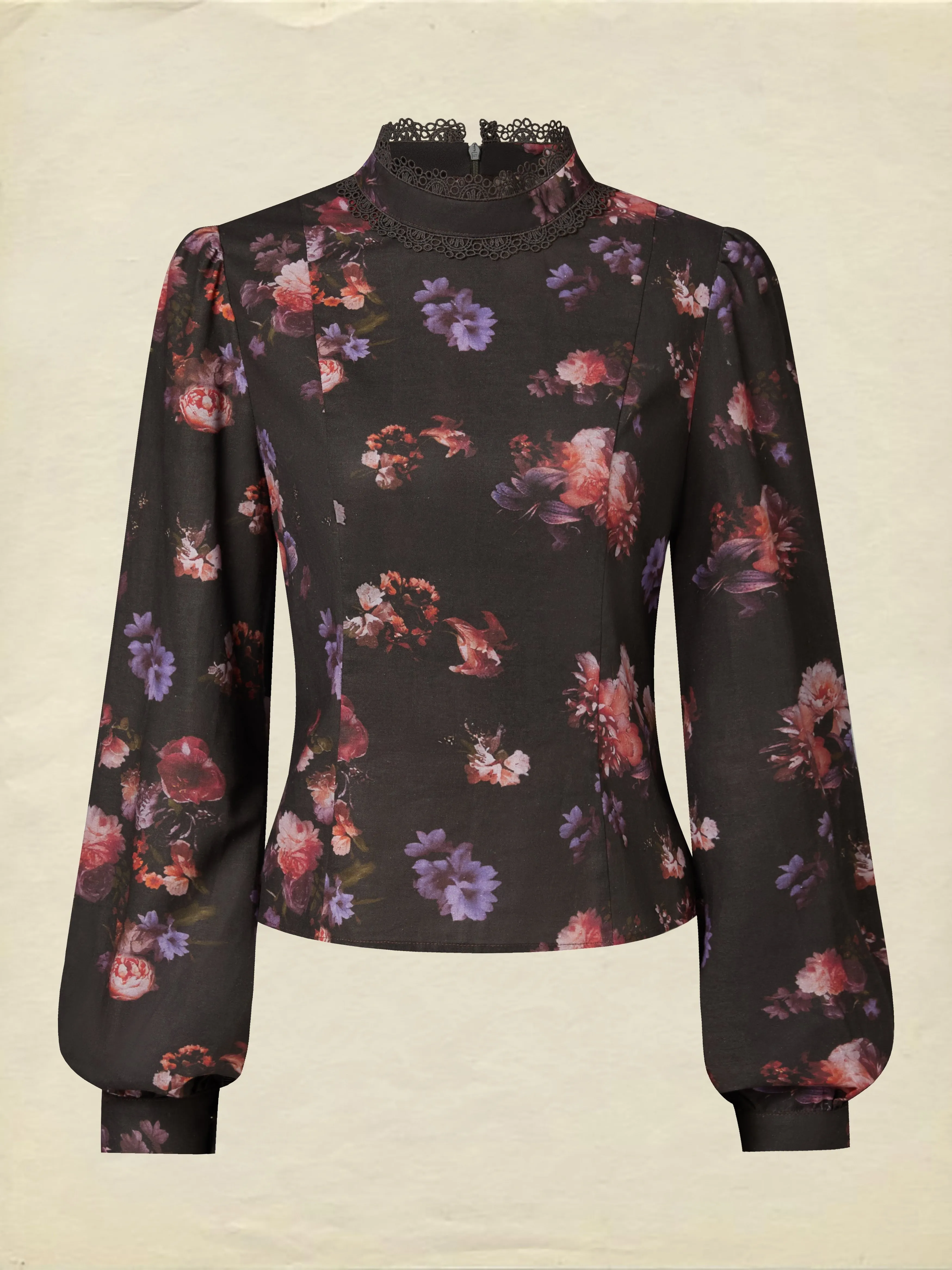Cotton Blouse, Long Sleeves, Stand Collar, Floral, Lace, Vintage, Black - Black