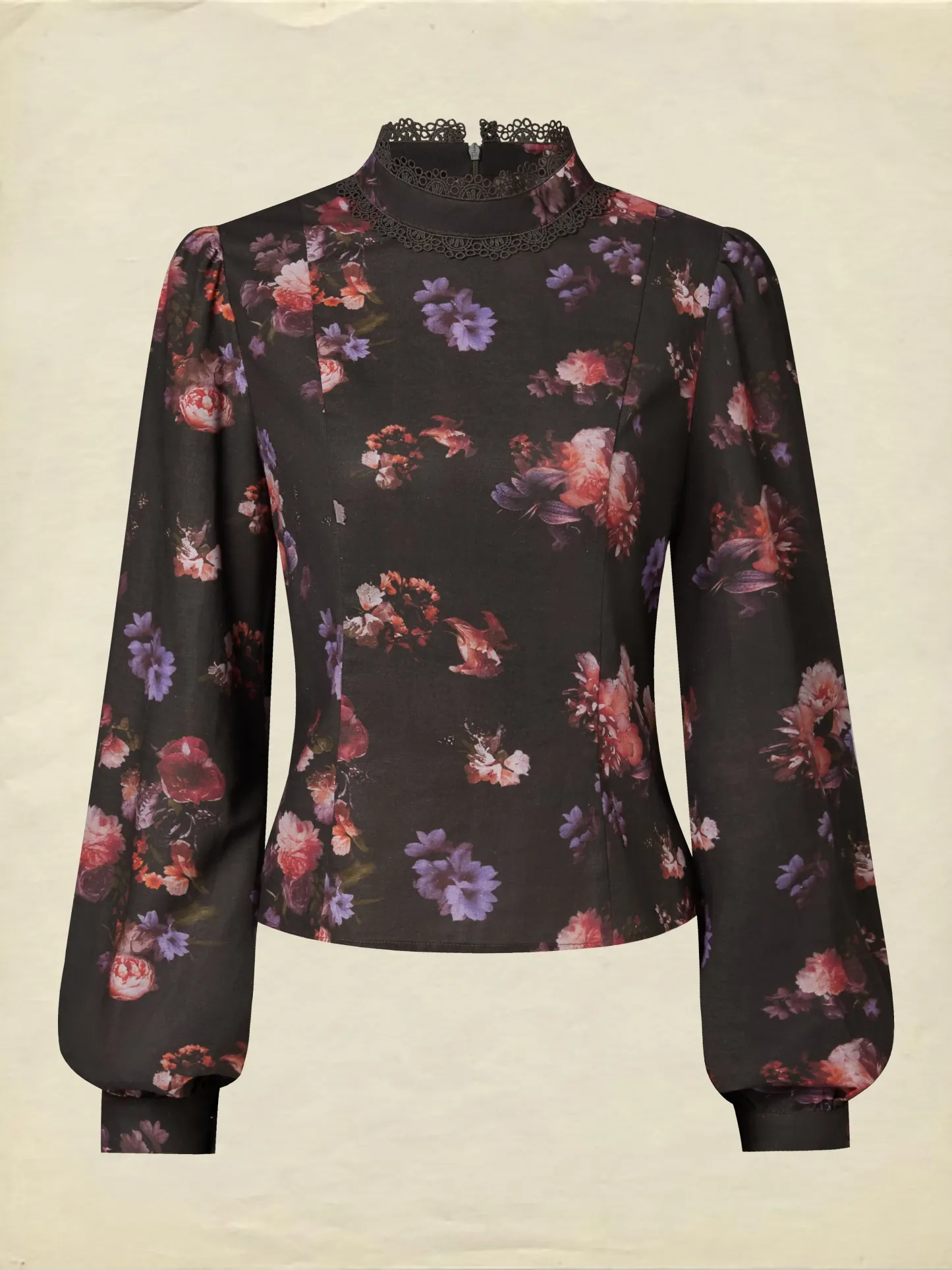 Cotton Blouse, Long Sleeves, Stand Collar, Floral, Lace, Vintage, Black - Black