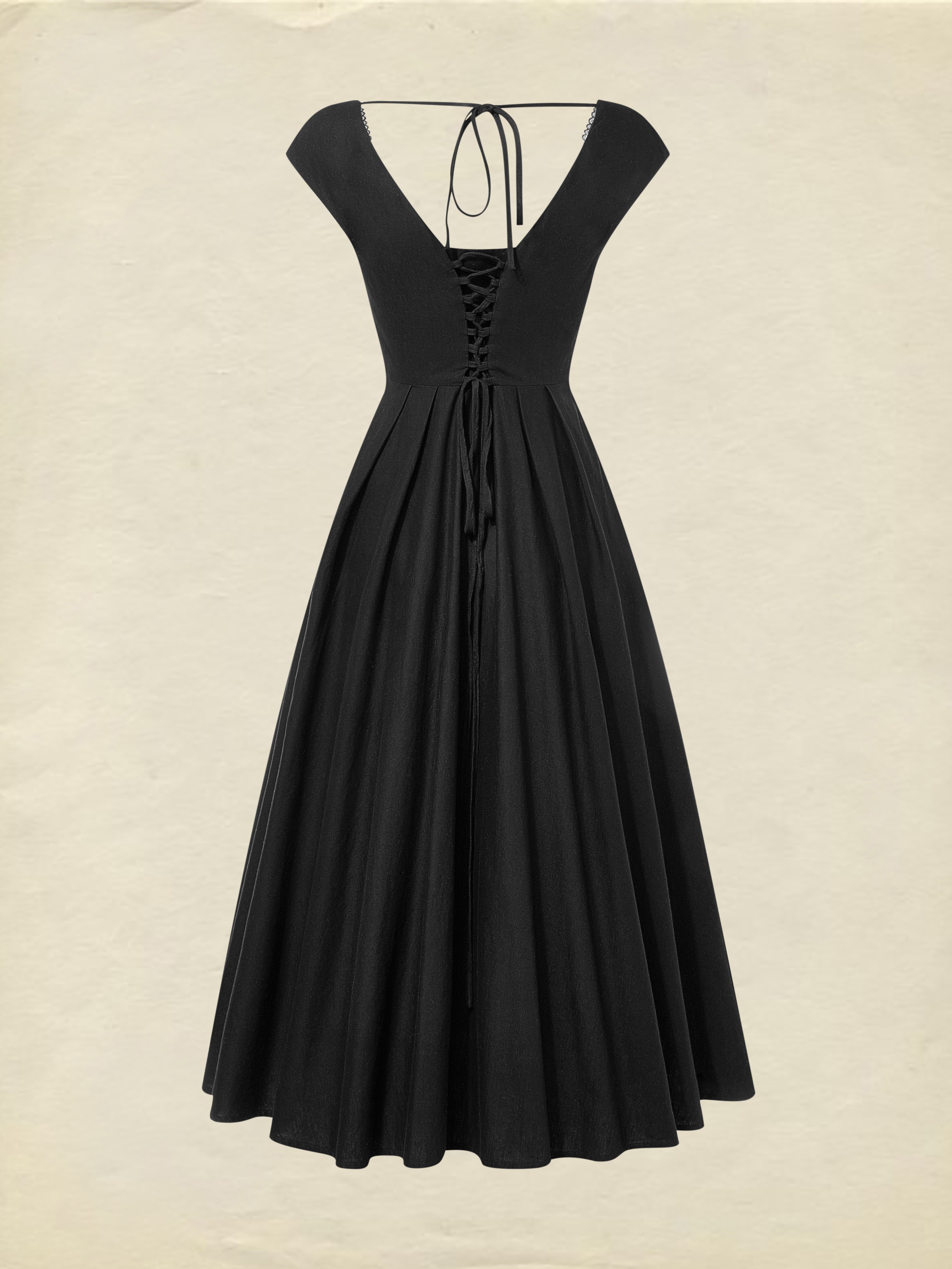 Midi Linen Dress, Sleeveless, Lace Collar, Plain, Lace, French Vintage, Black - Black