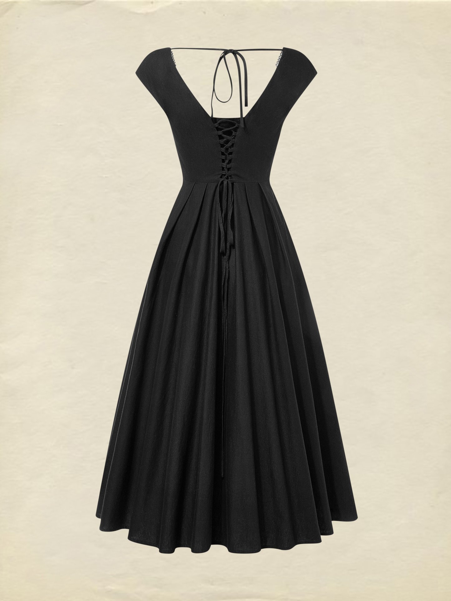 Midi Linen Dress, Sleeveless, Lace Collar, Plain, Lace, French Vintage, Black - Black