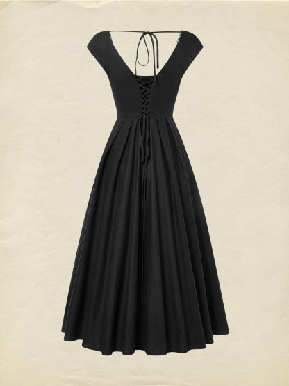 Midi Linen Dress, Sleeveless, Lace Collar, Plain, Lace, French Vintage, Black - Black