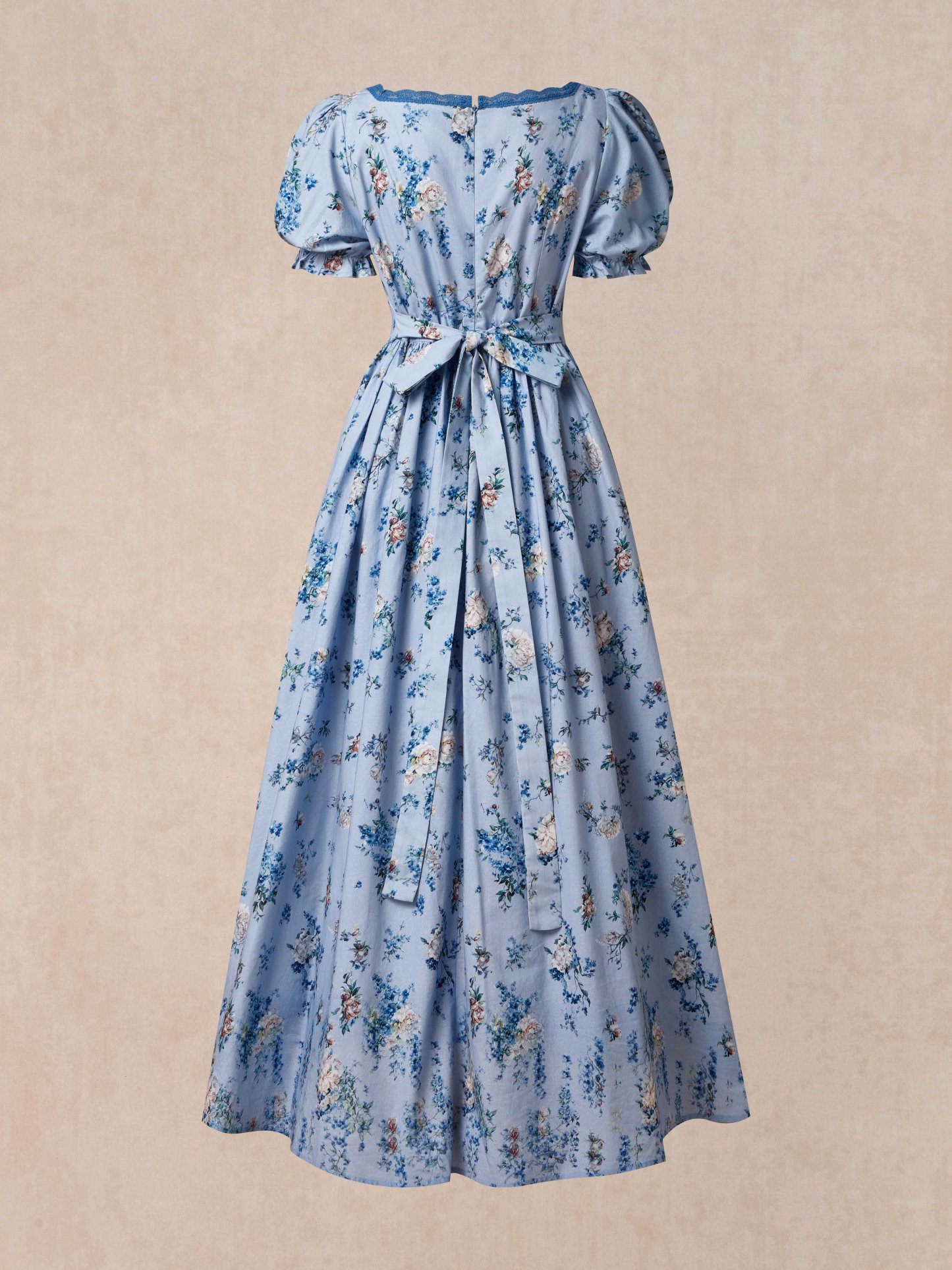 Maxi Linen Dress, Puff Sleeves, Crew Neck, Floral, Linen Blend, Blue - Blue