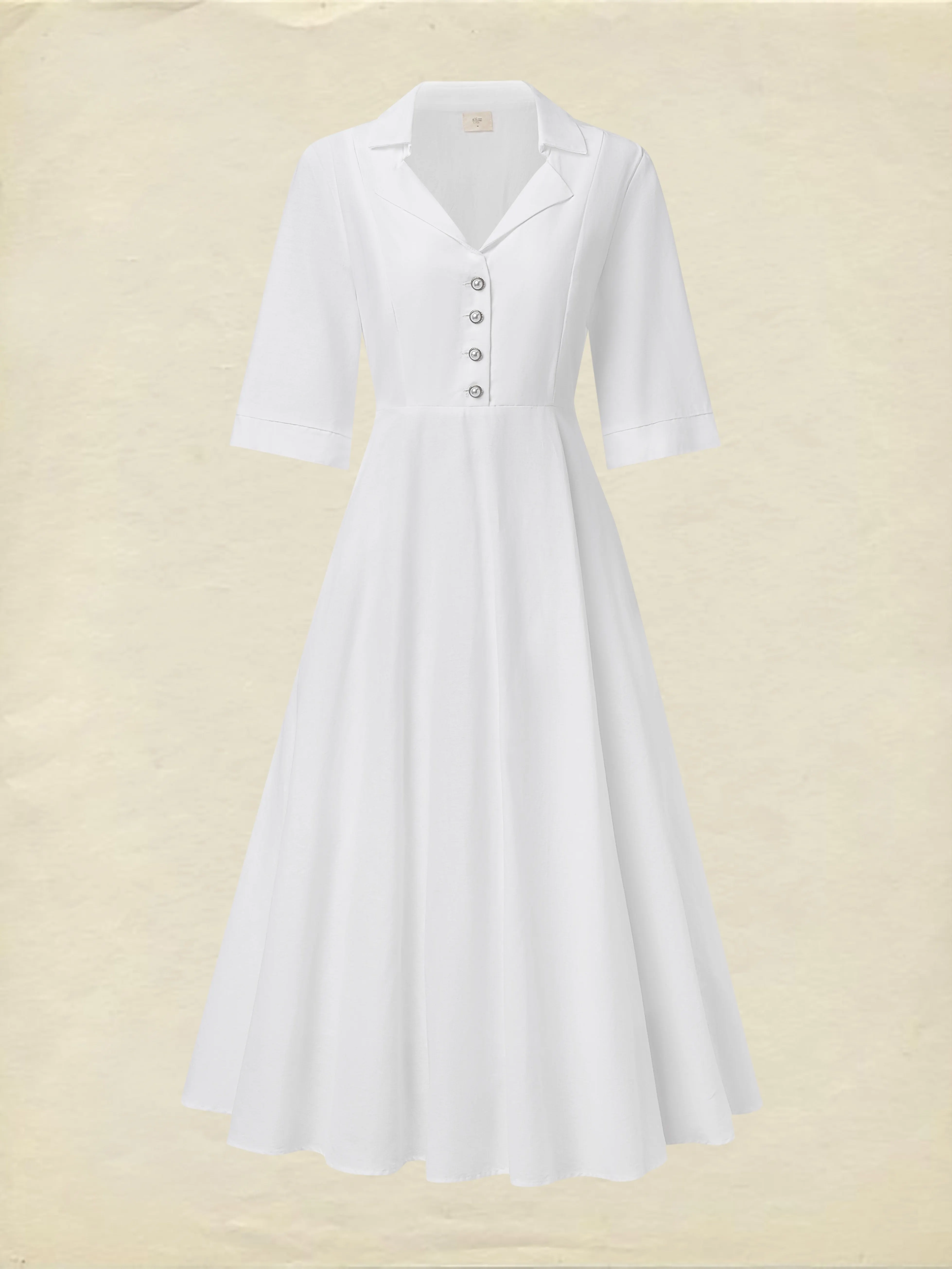 Linen Maxi Dress, Half Sleeve, Shawl Collar, Plain, Vintage, White - White