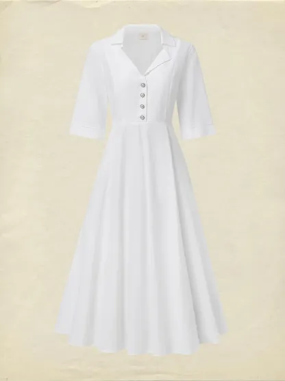 Linen Maxi Dress, Half Sleeve, Shawl Collar, Plain, Vintage, White - White