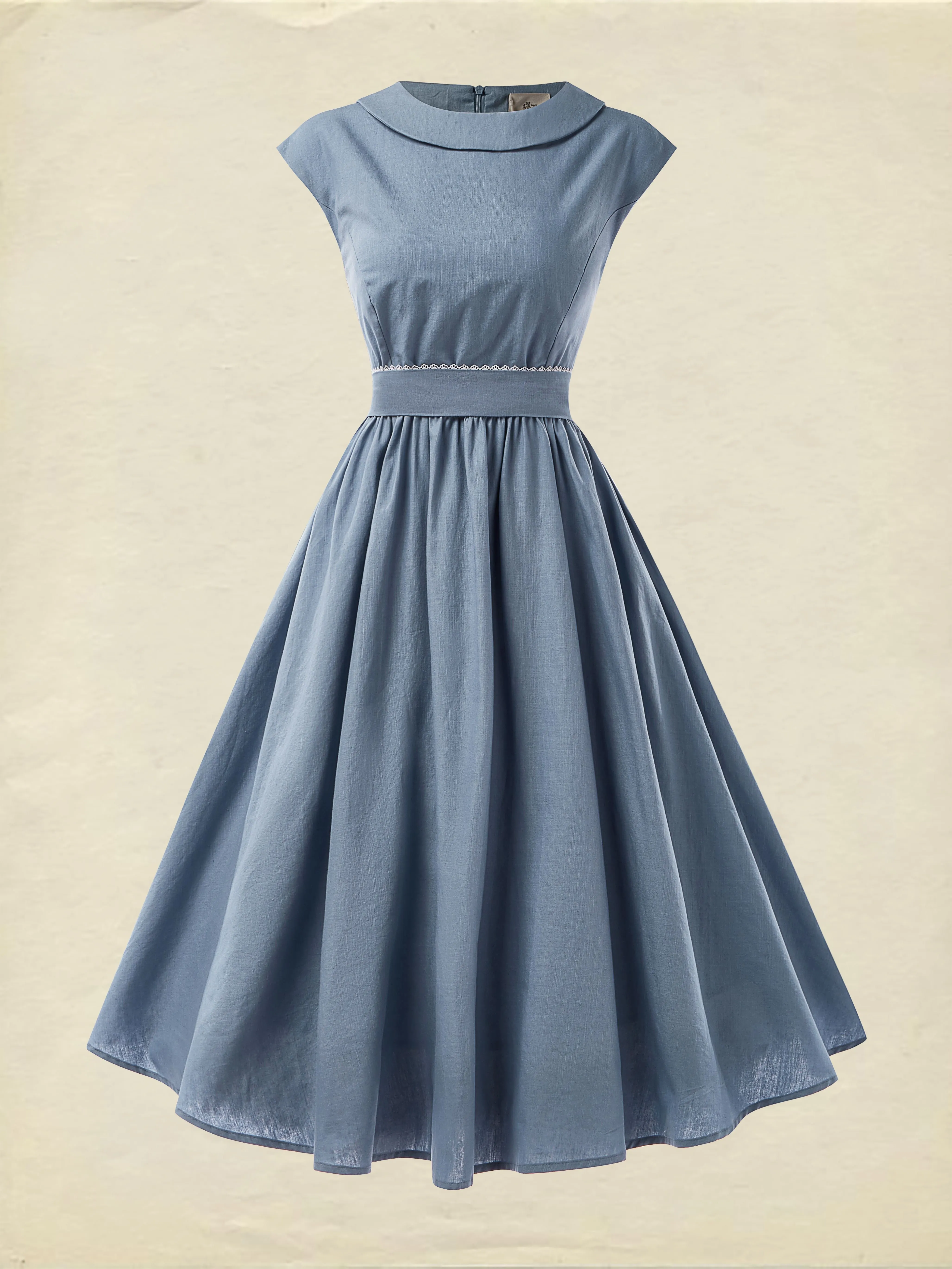 Linen Midi Dress, Sleeveless, Crew Neck, Plain, Vintage, Blue - Blue