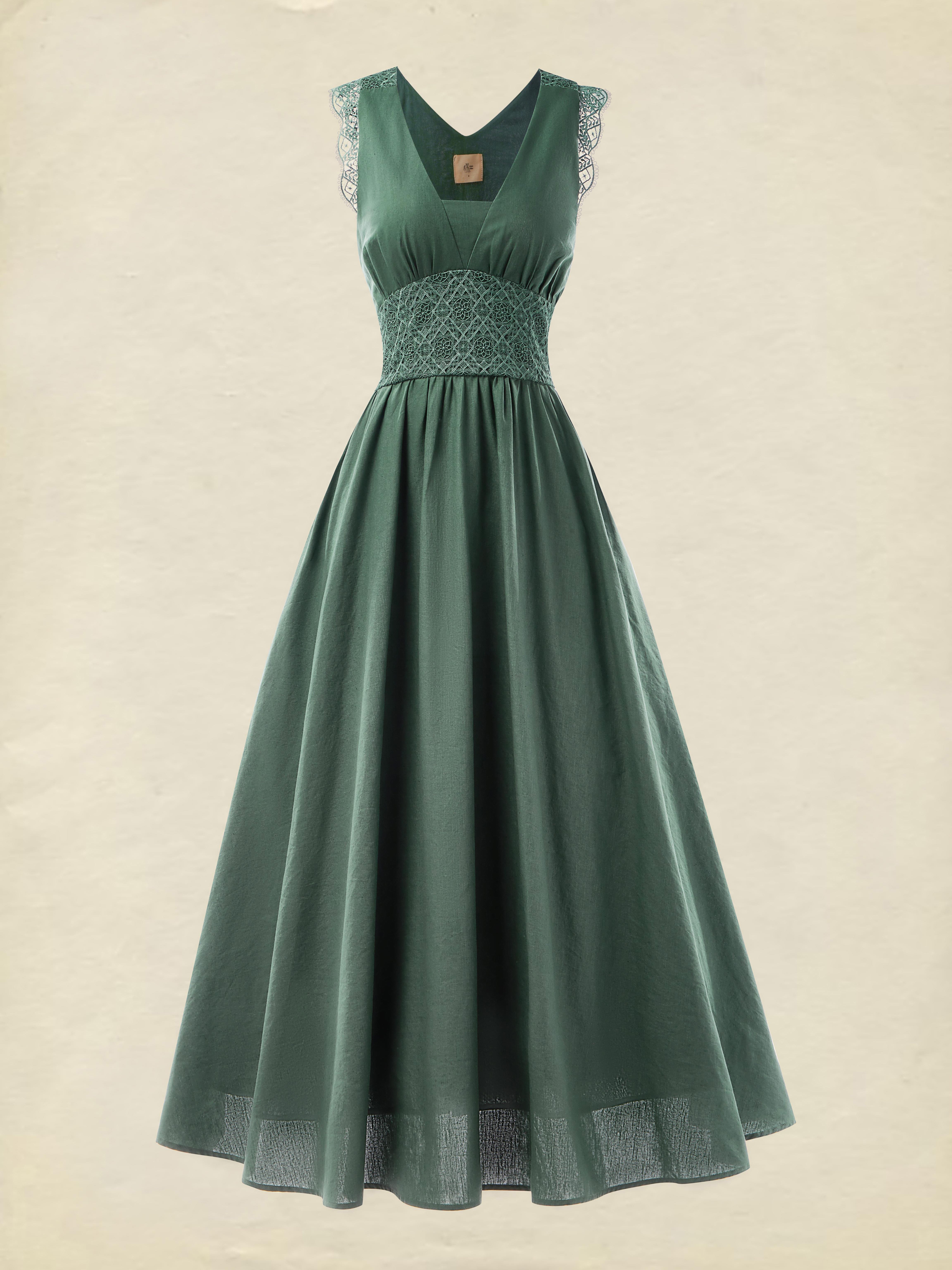 (SIZE:XS-XXL)Linen Maxi Dress, Sleeveless, V neck, Plain, Vintage, Cyan - Cyan