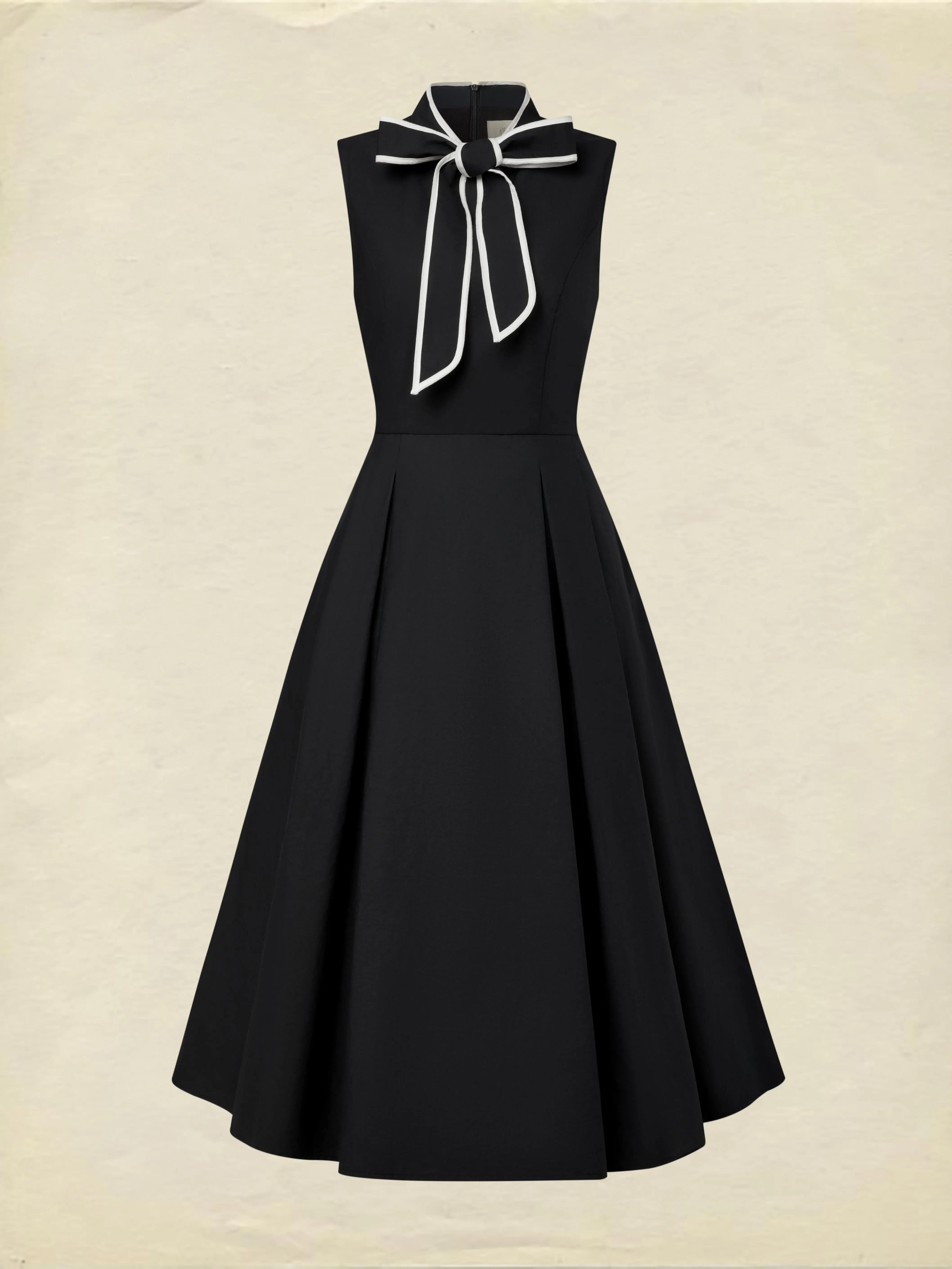 Midi Cotton Dress, Sleeveless, Plain, French Vintage, Black - Black