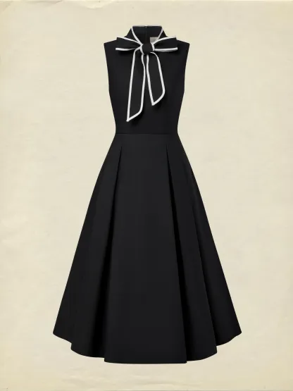 Midi Cotton Dress, Sleeveless, Plain, French Vintage, Black - Black