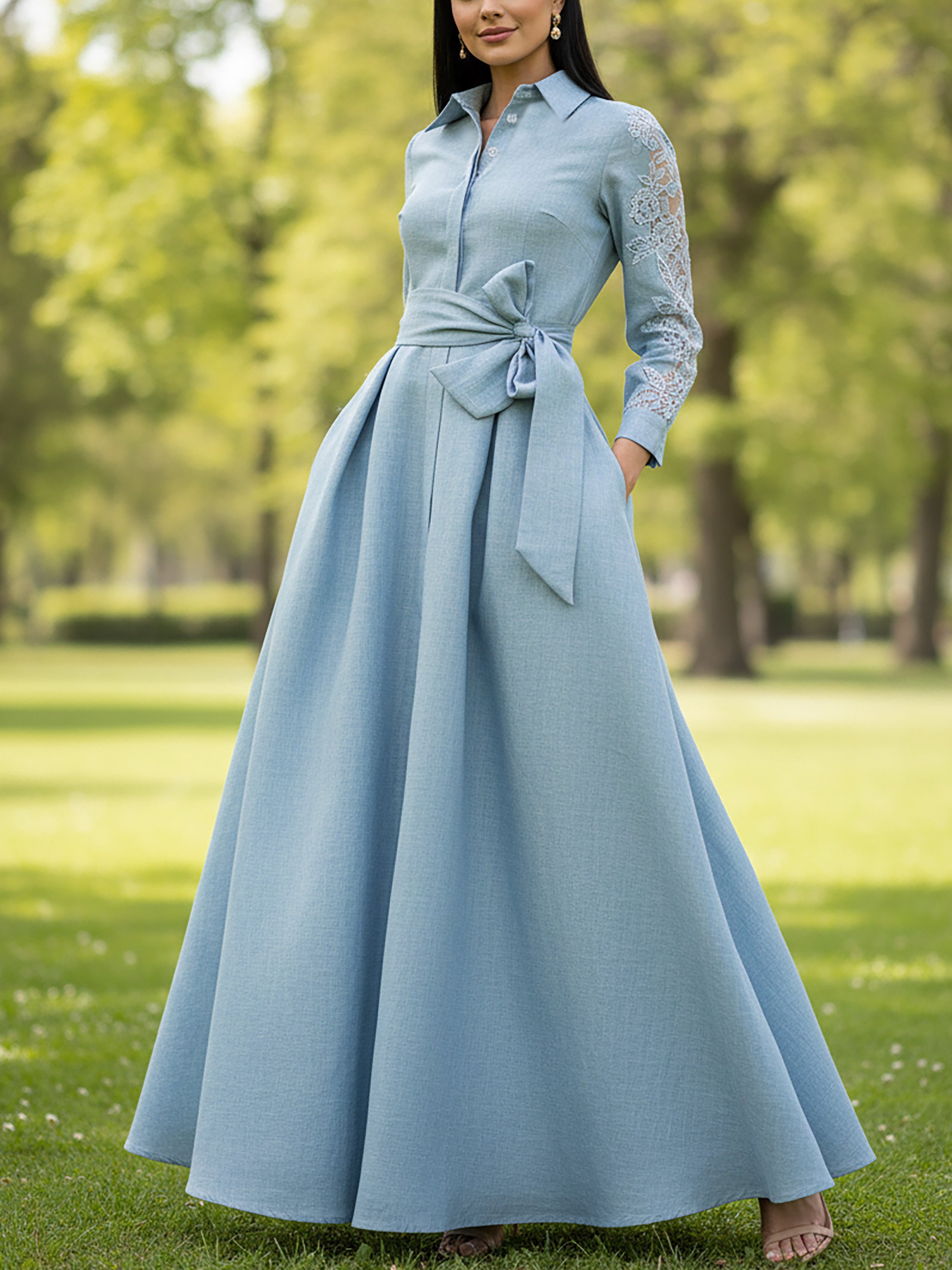 Maxi Linen Dress, Long Sleeves, Shawl Collar, Plain, Belt Design, Vintage, Blue - Blue