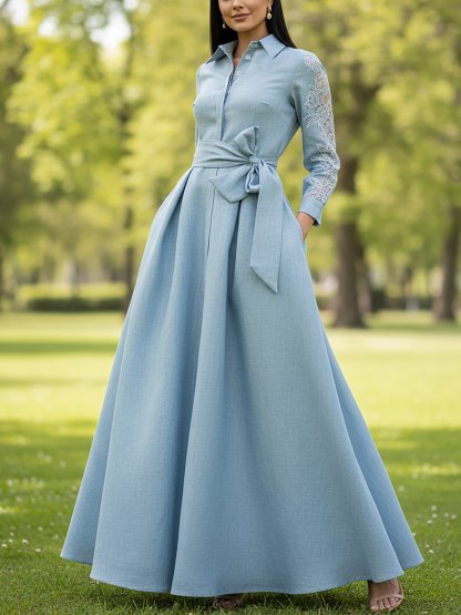 Maxi Linen Dress, Long Sleeves, Shawl Collar, Plain, Belt Design, Vintage, Blue - Blue