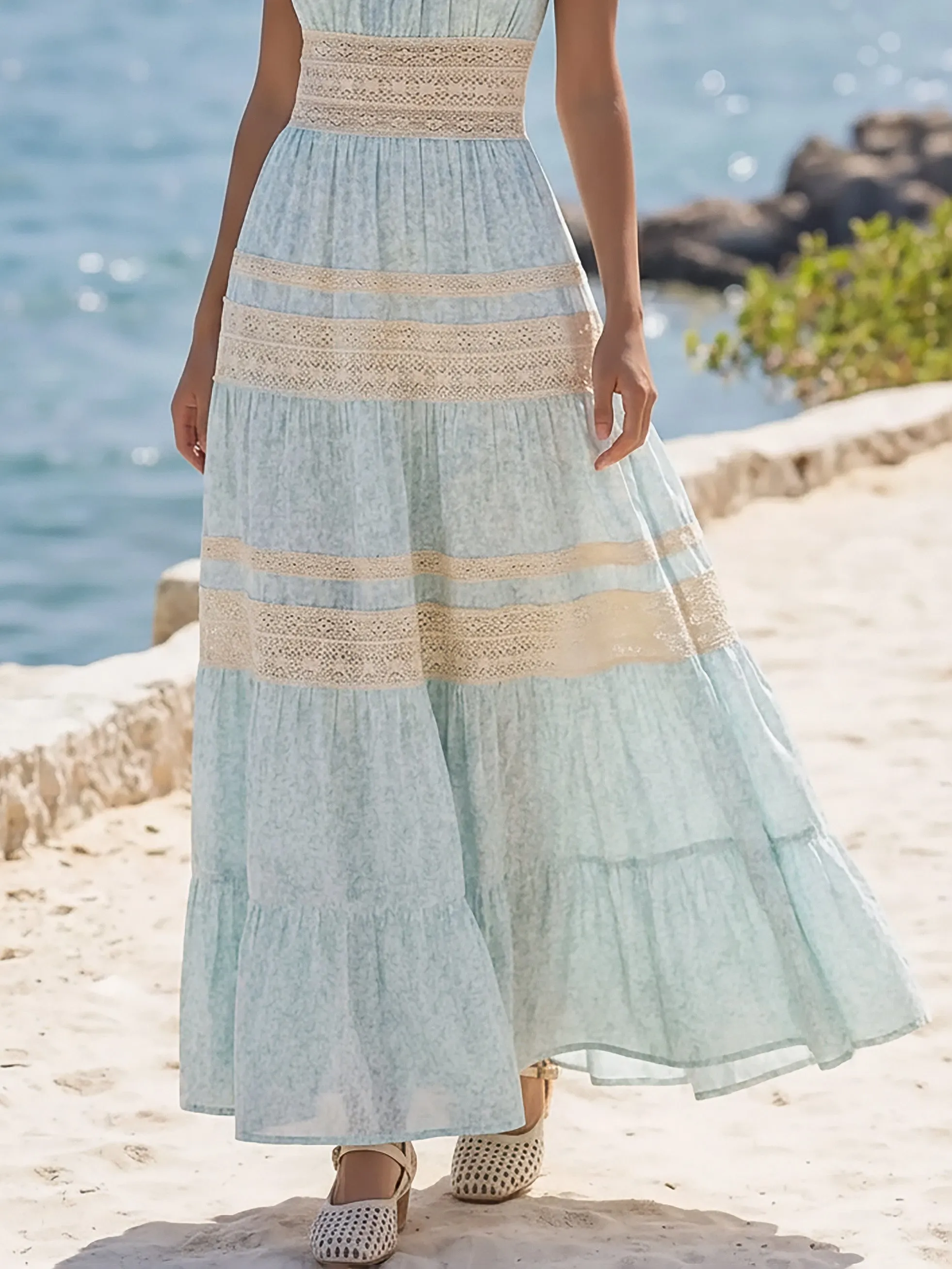 Maxi Linen Dress, Sleeveless, Floral, Lace, Vacation, Vintage, Blue - Blue