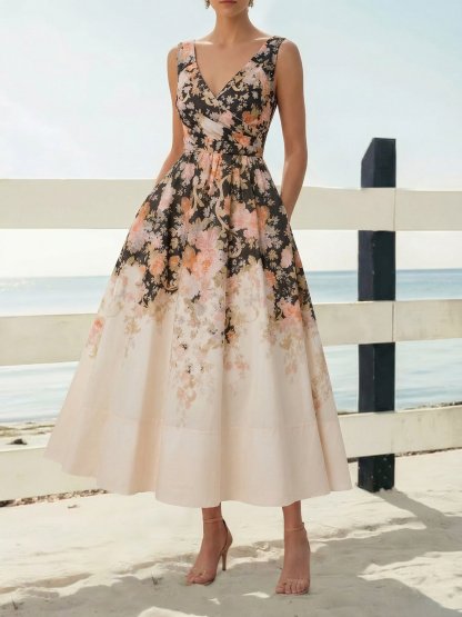 Midi Cotton Dress, Sleeveless, Sweetheart Neck, Floral, Suspenders, Vacation, Vintage, Apricot - Apricot