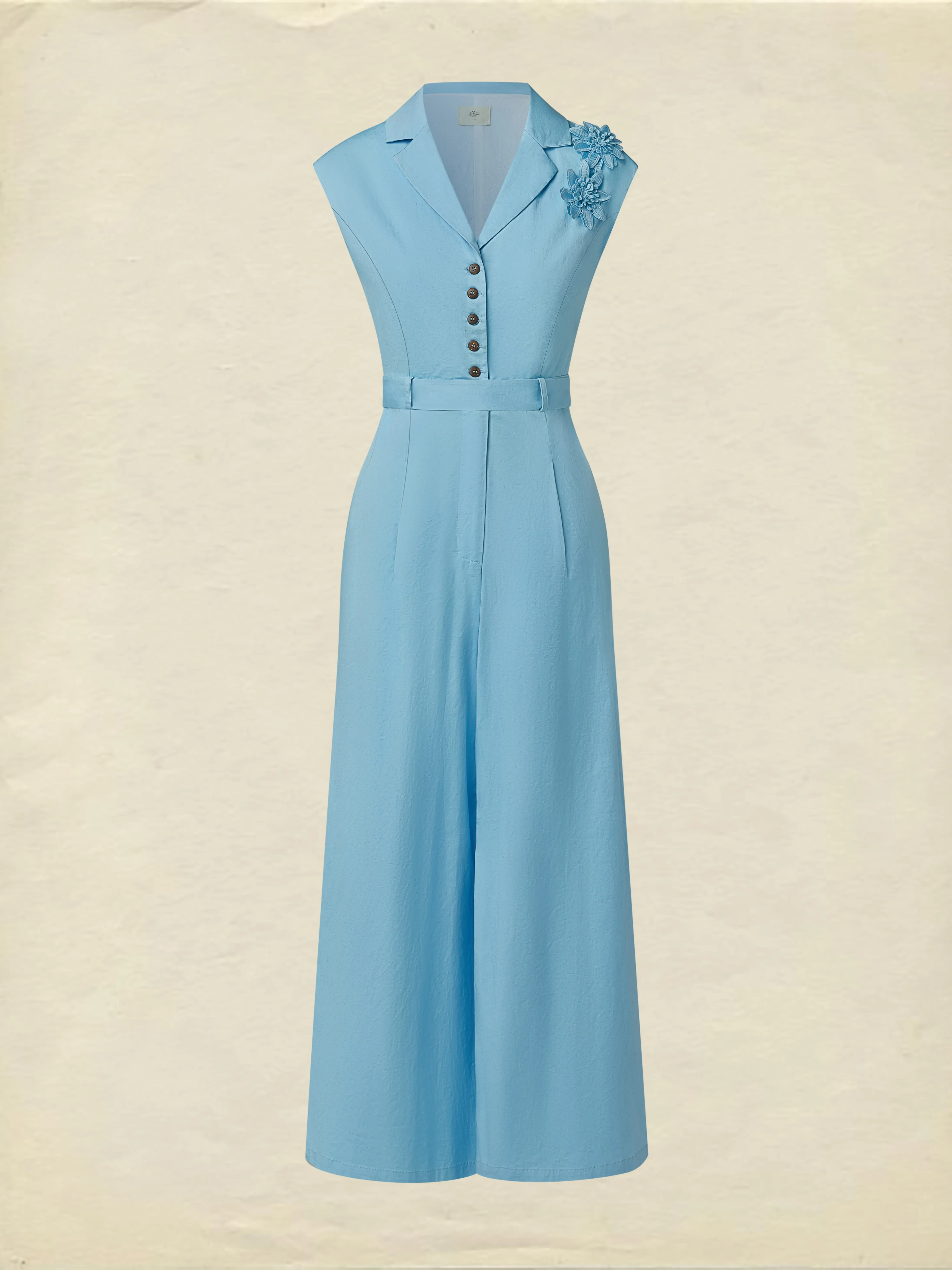 Cotton Jumpsuit , Cap Sleeves, V Neck, Plain, 3D Floral, French Vintage, Blue - Blue