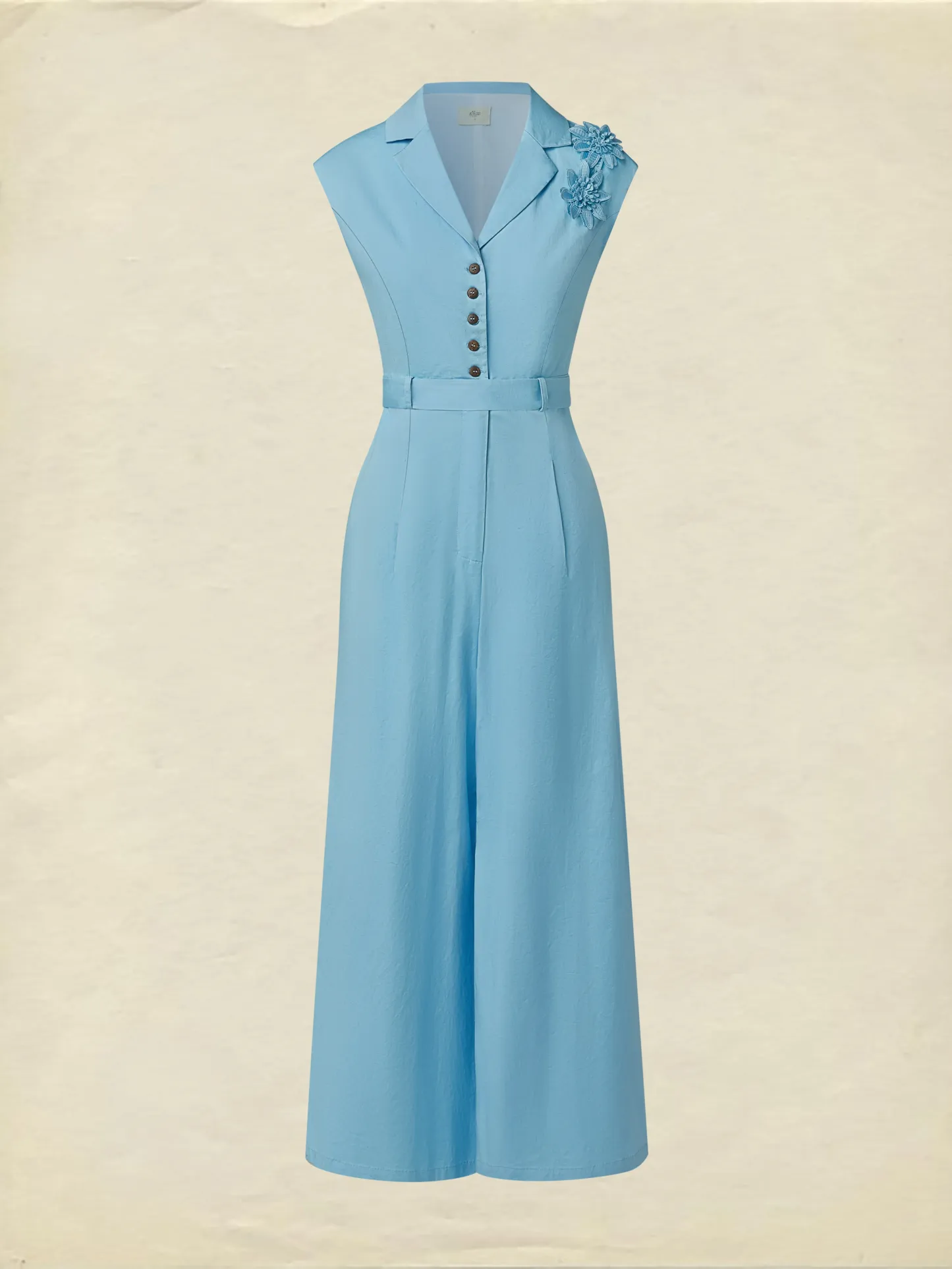 Cotton Jumpsuit , Cap Sleeves, V Neck, Plain, 3D Floral, French Vintage, Blue - Blue