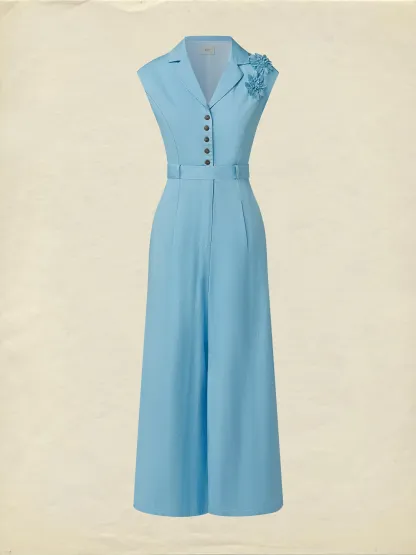 Cotton Jumpsuit , Cap Sleeves, V Neck, Plain, 3D Floral, French Vintage, Blue - Blue