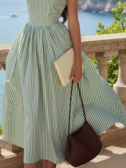 Midi Cotton Dress, Sleeveless, Round Neck, Striped, French Vintage, Green - Green