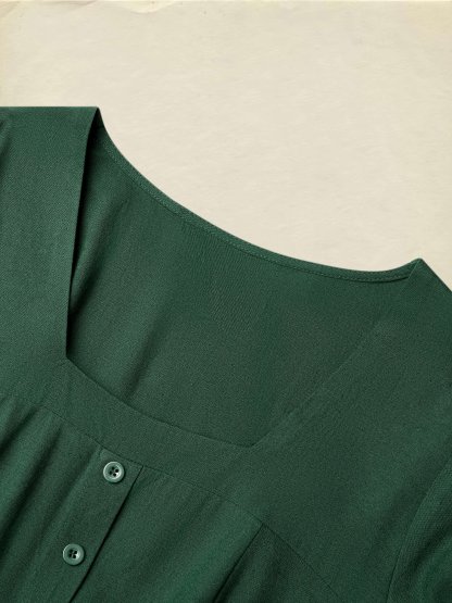Linen Maxi Dress, Square Neck, Long Sleeves, Victorian Style, Linen Blend, Green - Green
