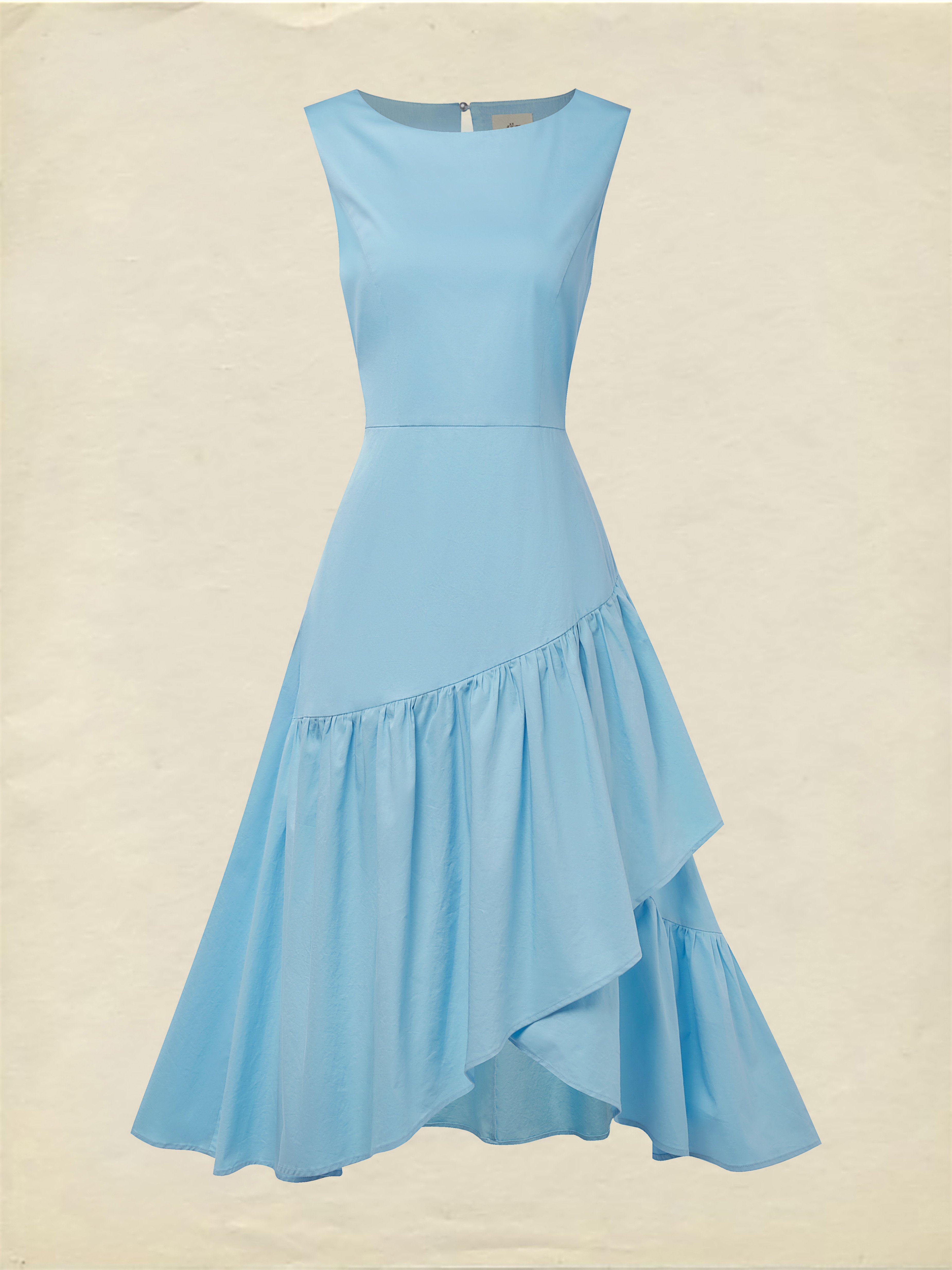 Maxi Cotton Dress , Sleeveless, Round Neck, Plain, Ruffles, French Vintage, Blue - Blue