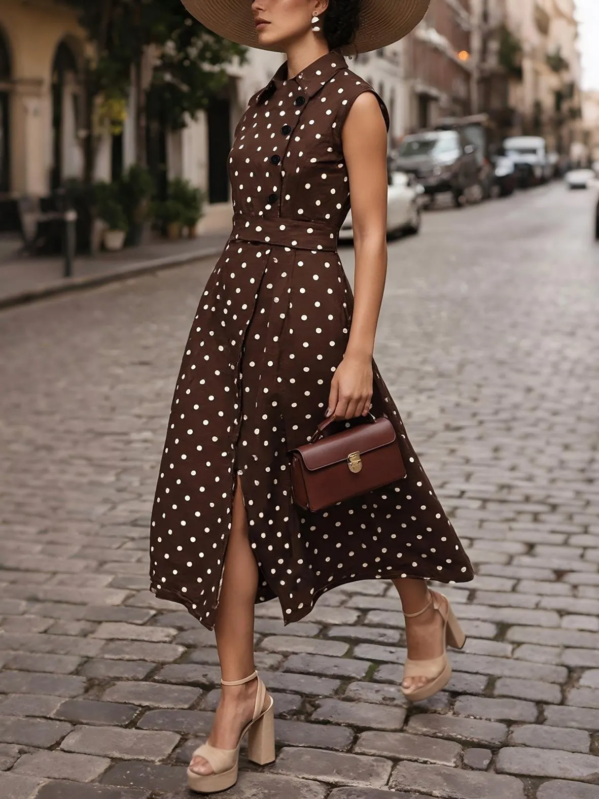 Midi Cotton Dress , Sleeveless, Shawl Collar, Polka Dots, Button Design, French Vintage, Purplish Blue - Purplish Blue