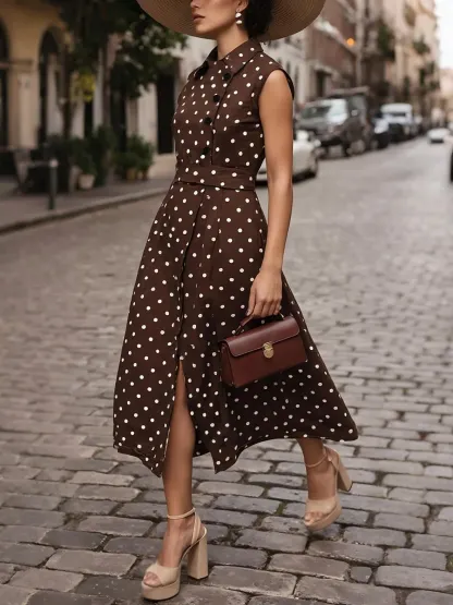 Midi Cotton Dress , Sleeveless, Shawl Collar, Polka Dots, Button Design, French Vintage, Purplish Blue - Purplish Blue