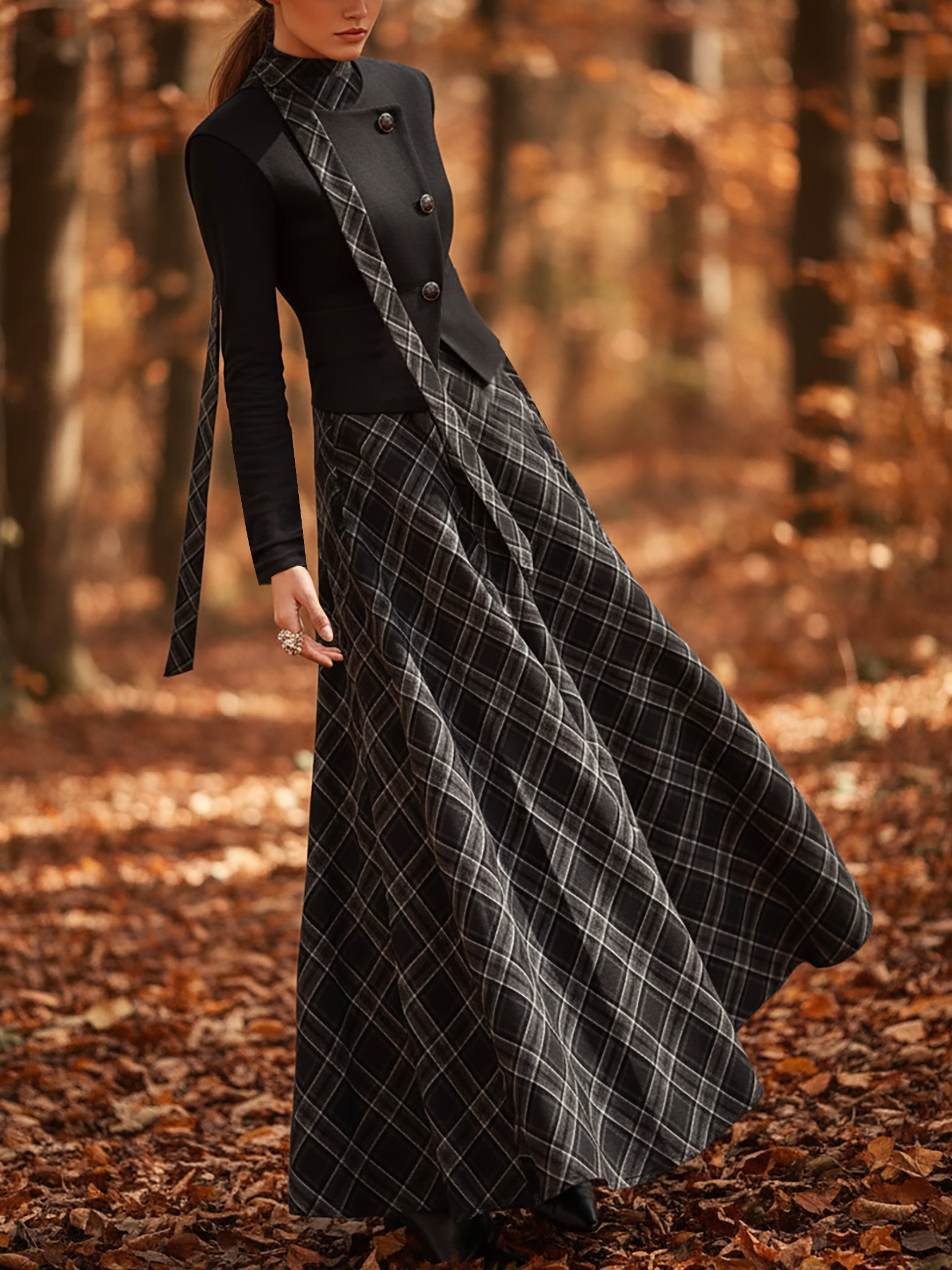 Maxi Linen Dress, Sleeveless, Stand Collar, Plaid, Vintage, Black - Black