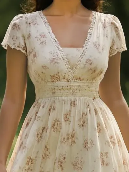 Linen Maxi Dress, Short Sleeve, V neck, Floral, Vintage, Apricot - Apricot