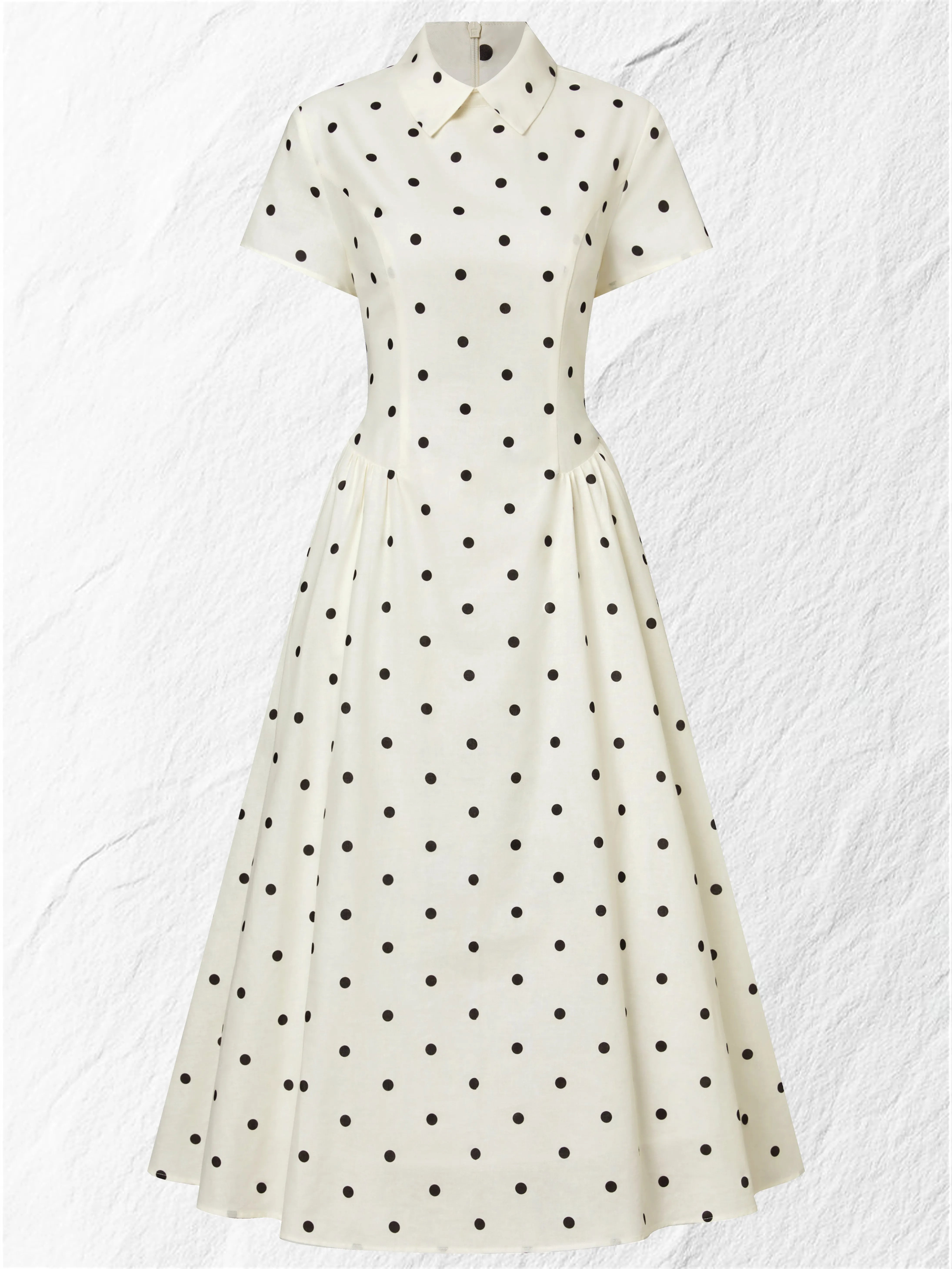 Maxi Linen Dress, Short Sleeves, Shawl Collar, Polka Dots, French Vintage, Off White - Off White