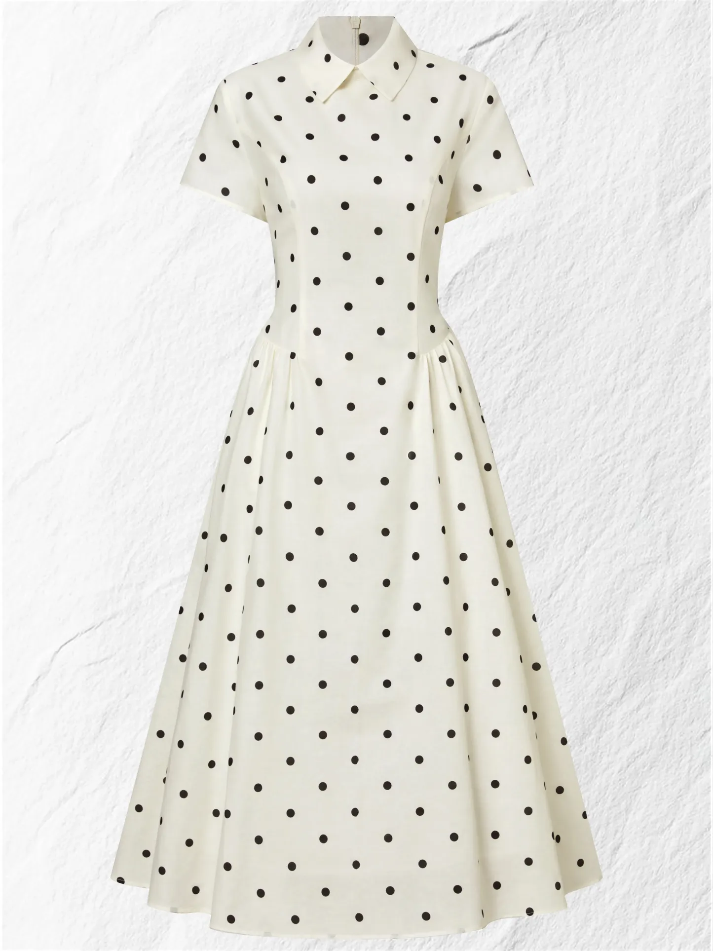 Maxi Linen Dress, Short Sleeves, Shawl Collar, Polka Dots, French Vintage, Off White - Off White