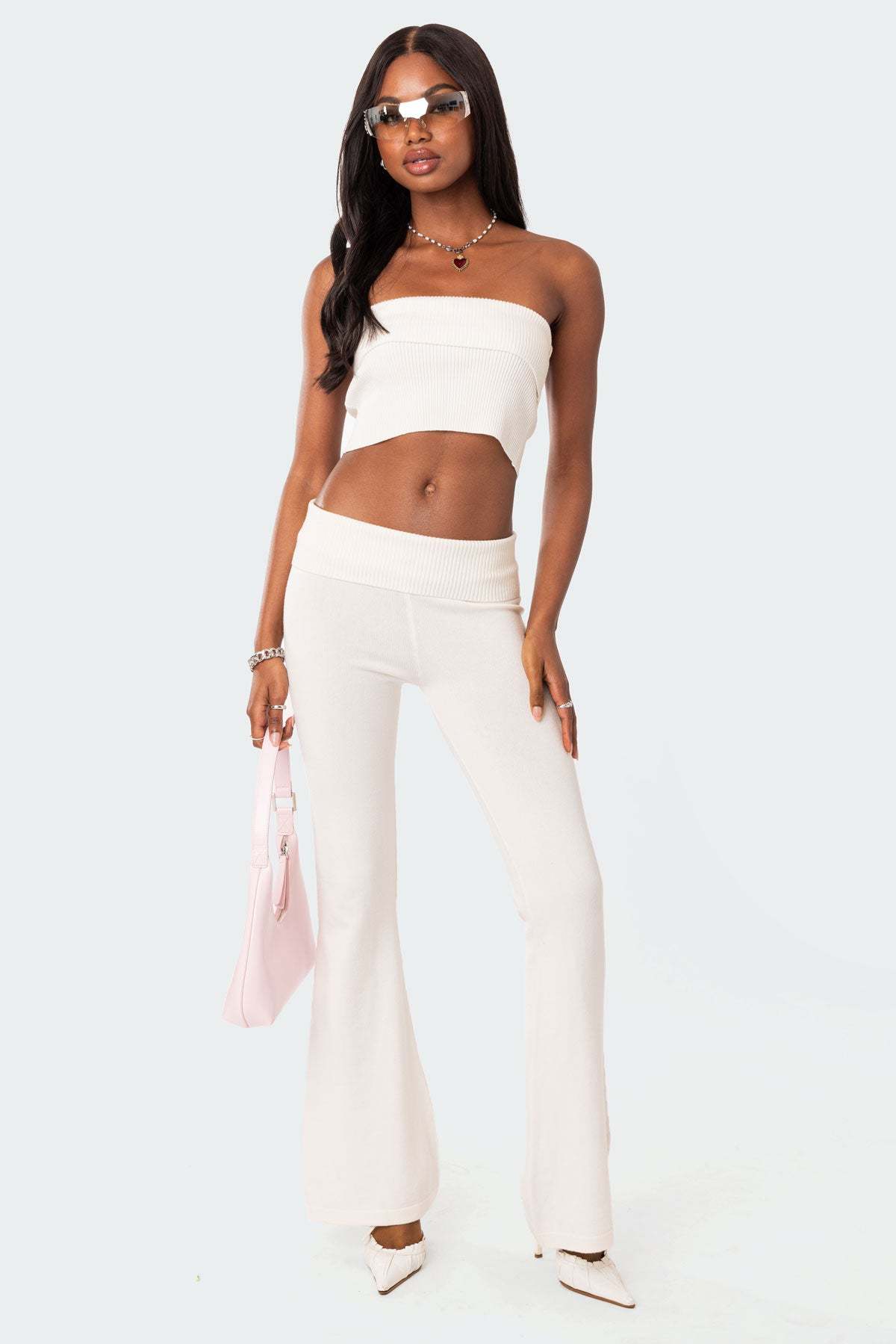 Desiree Knitted Low Rise Fold Over Pants - WHITE