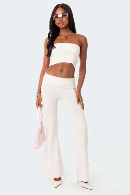 Desiree Knitted Low Rise Fold Over Pants - WHITE