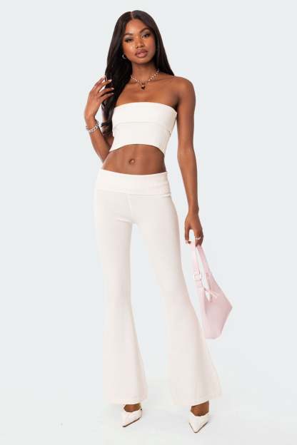 Desiree Knitted Low Rise Fold Over Pants - WHITE